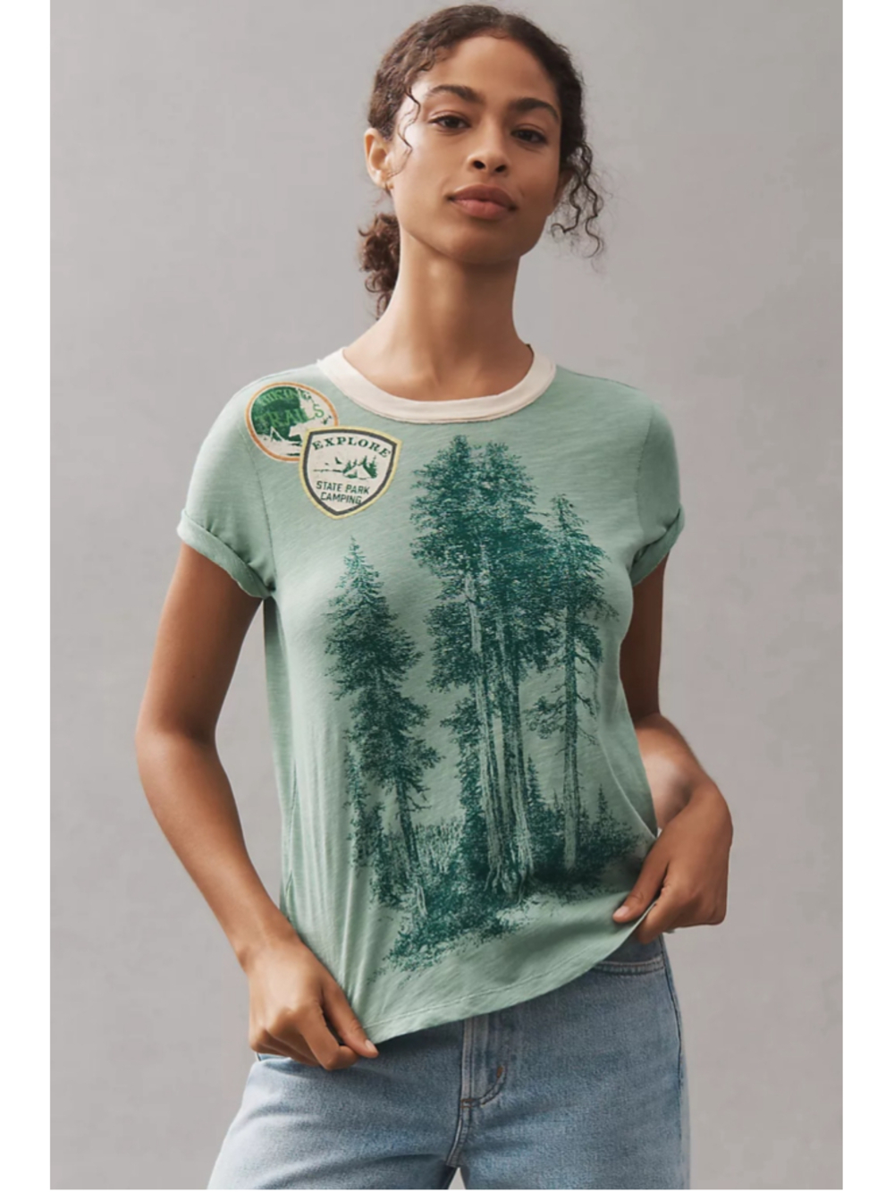 Pilcro Anthropologie Cotton Graphic Ringer Tee Green Forrest Womens Small